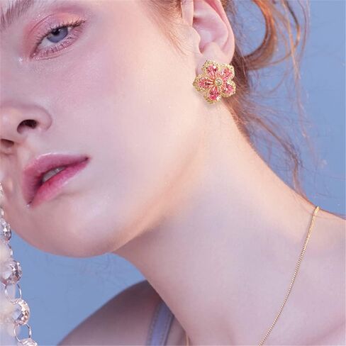 Handmade Chic Boho Pink Rhinestone Flower Statement Stud Earrings with Gold Flower Bud for Women Sister Mom Lover and Friends in Saudi Arabia