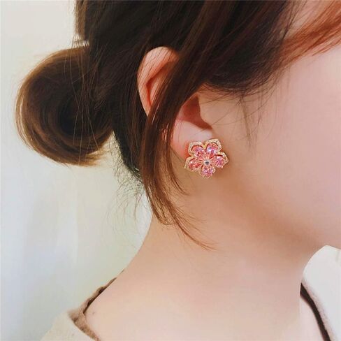 Handmade Chic Boho Pink Rhinestone Flower Statement Stud Earrings with Gold Flower Bud for Women Sister Mom Lover and Friends in Saudi Arabia