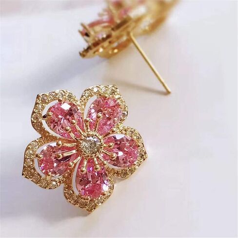 Handmade Chic Boho Pink Rhinestone Flower Statement Stud Earrings with Gold Flower Bud for Women Sister Mom Lover and Friends in Saudi Arabia