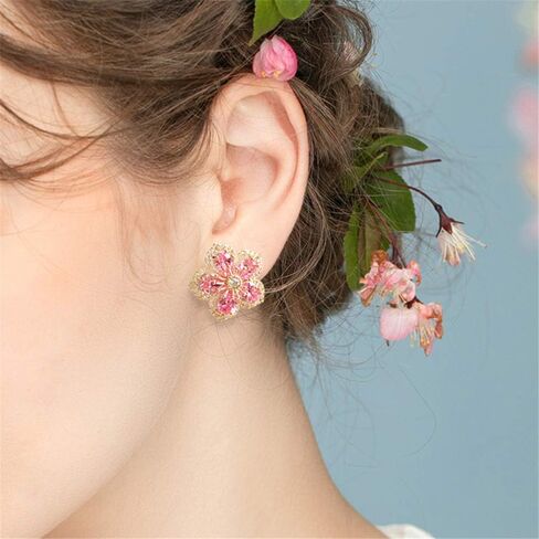 Handmade Chic Boho Pink Rhinestone Flower Statement Stud Earrings with Gold Flower Bud for Women Sister Mom Lover and Friends in Saudi Arabia