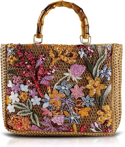 Tote Bag for Women, Unique Embroidered Patchwork Straw Bag with Bamboo Handle, Square Beach Bag for Important Occasions, Work, Travel(Style 1) in Kuwait