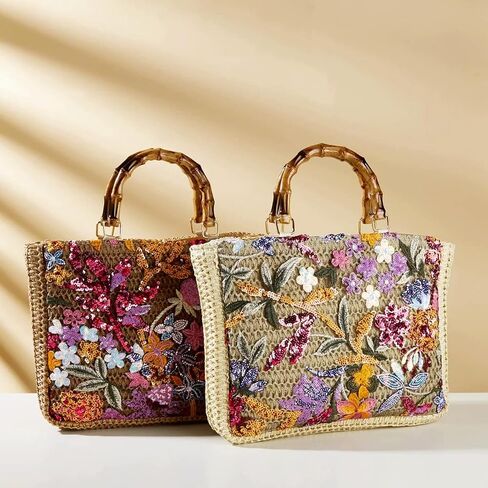 Tote Bag for Women, Unique Embroidered Patchwork Straw Bag with Bamboo Handle, Square Beach Bag for Important Occasions, Work, Travel(Style 1) in Kuwait