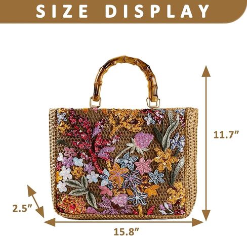 Tote Bag for Women, Unique Embroidered Patchwork Straw Bag with Bamboo Handle, Square Beach Bag for Important Occasions, Work, Travel(Style 1) in Kuwait