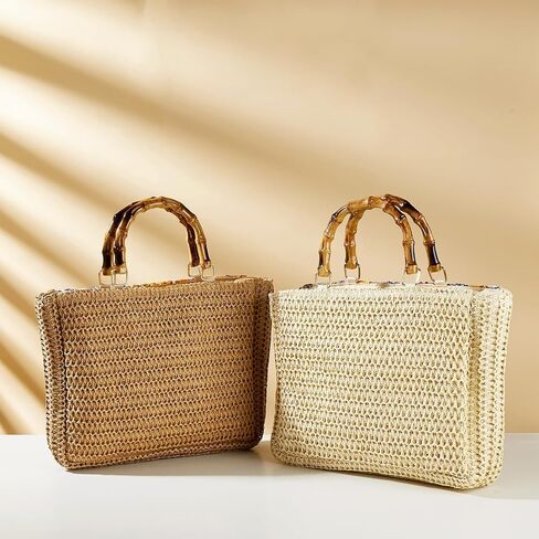 Tote Bag for Women, Unique Embroidered Patchwork Straw Bag with Bamboo Handle, Square Beach Bag for Important Occasions, Work, Travel(Style 1) in Kuwait