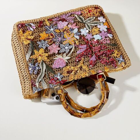 Tote Bag for Women, Unique Embroidered Patchwork Straw Bag with Bamboo Handle, Square Beach Bag for Important Occasions, Work, Travel(Style 1) in Kuwait