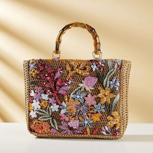 Tote Bag for Women, Unique Embroidered Patchwork Straw Bag with Bamboo Handle, Square Beach Bag for Important Occasions, Work, Travel(Style 1) in Kuwait
