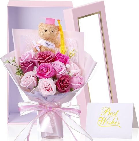 Tigeen 3 Pcs Large 13.8 Inch Graduation Gift Bear Flower Bouquet Set, Artificial Soap Rose Bouquet with Mini Plush Graduation Bear, Greeting Card and Gift Box for Daughter Son(Yellow,Black) in Kuwait