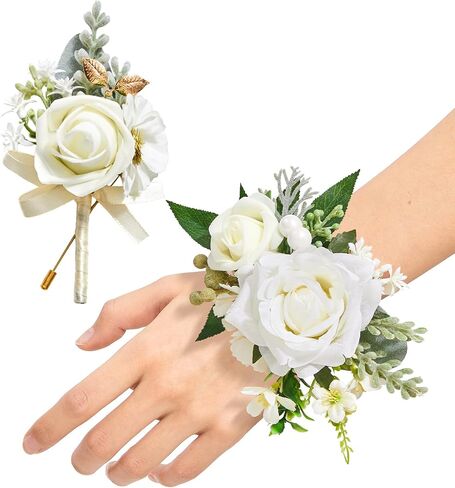 مجموعة Serwalin White Corsage and Boutonniere، مجموعة صدار معصم وعروة صناعية من الورد الاصطناعي لحفلة موسيقية، وحفلات العودة للوطن، وحفلات الزفاف، وحفلات الذكرى السنوية، وحفلات التخرج، وإكسسوارات الزهور in Kuwait