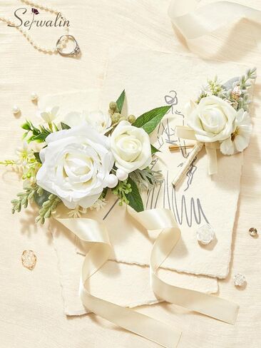 مجموعة Serwalin White Corsage and Boutonniere، مجموعة صدار معصم وعروة صناعية من الورد الاصطناعي لحفلة موسيقية، وحفلات العودة للوطن، وحفلات الزفاف، وحفلات الذكرى السنوية، وحفلات التخرج، وإكسسوارات الزهور in Kuwait