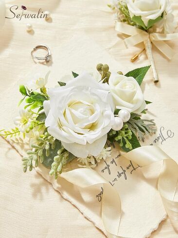 مجموعة Serwalin White Corsage and Boutonniere، مجموعة صدار معصم وعروة صناعية من الورد الاصطناعي لحفلة موسيقية، وحفلات العودة للوطن، وحفلات الزفاف، وحفلات الذكرى السنوية، وحفلات التخرج، وإكسسوارات الزهور in Kuwait