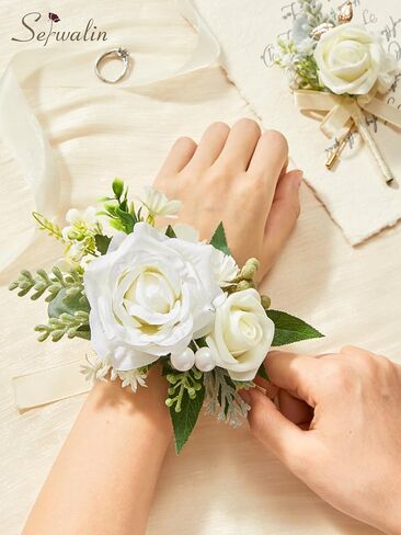 مجموعة Serwalin White Corsage and Boutonniere، مجموعة صدار معصم وعروة صناعية من الورد الاصطناعي لحفلة موسيقية، وحفلات العودة للوطن، وحفلات الزفاف، وحفلات الذكرى السنوية، وحفلات التخرج، وإكسسوارات الزهور in Kuwait