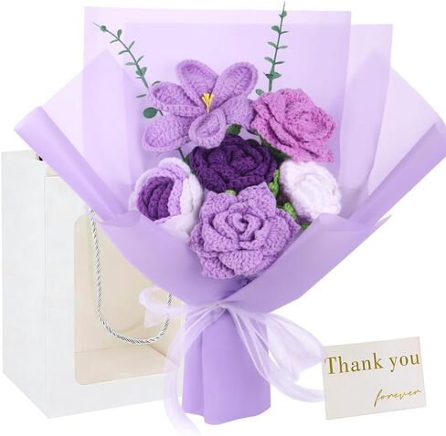 Crochet Flower Bouquet: Artificial Knitted Roses Tulips for Love Mother's Day Wedding Anniversary Teachers' Day Decoration Including Lighting Fixtures Gift Bags（Pink） in Saudi Arabia