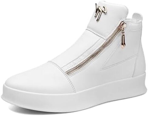 Men's High-Top Leather Sneakers with Gold Dual Zippers Modern Street Wear Shoes for Casual Style & Everyday Comfort Cushioned Ankle Boots (Black, White) in Saudi Arabia