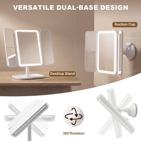 Makeup Mirror with Lights, 3000mAh 3X/2X/1X Magnification Vanity Mirror with Suction&Stand Base, 360° Adjustment Rechargeable Trifold Mirror for Travel/Bedroom/Dorm, Gifts for Women, Girls in Saudi Arabia