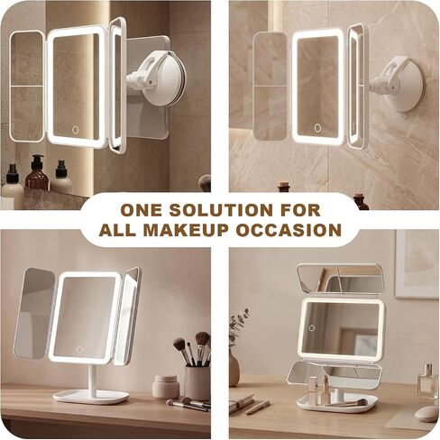 Makeup Mirror with Lights, 3000mAh 3X/2X/1X Magnification Vanity Mirror with Suction&Stand Base, 360° Adjustment Rechargeable Trifold Mirror for Travel/Bedroom/Dorm, Gifts for Women, Girls in Saudi Arabia