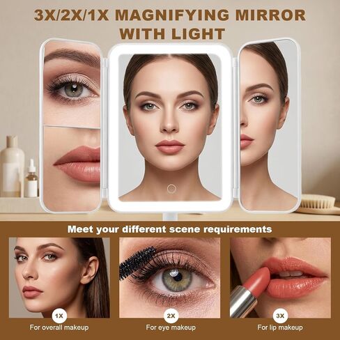Makeup Mirror with Lights, 3000mAh 3X/2X/1X Magnification Vanity Mirror with Suction&Stand Base, 360° Adjustment Rechargeable Trifold Mirror for Travel/Bedroom/Dorm, Gifts for Women, Girls in Saudi Arabia