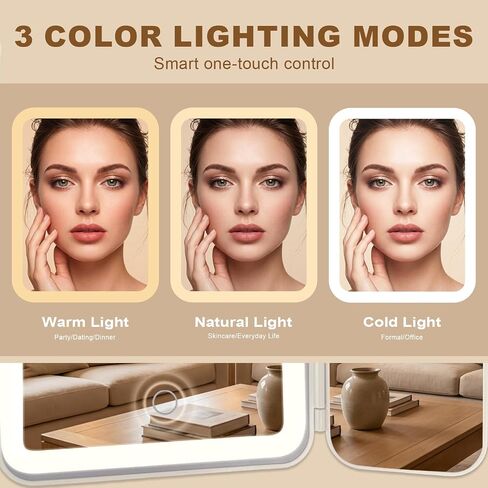 Makeup Mirror with Lights, 3000mAh 3X/2X/1X Magnification Vanity Mirror with Suction&Stand Base, 360° Adjustment Rechargeable Trifold Mirror for Travel/Bedroom/Dorm, Gifts for Women, Girls in Saudi Arabia