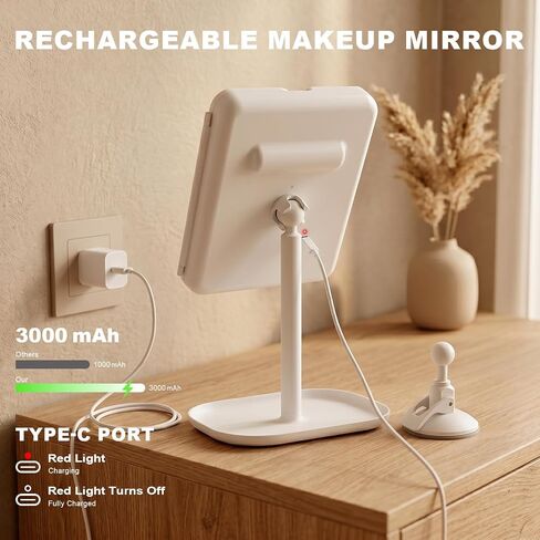 Makeup Mirror with Lights, 3000mAh 3X/2X/1X Magnification Vanity Mirror with Suction&Stand Base, 360° Adjustment Rechargeable Trifold Mirror for Travel/Bedroom/Dorm, Gifts for Women, Girls in Saudi Arabia