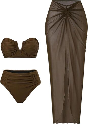RoseSeek Women's 3 Piece Bandeau Bikini Set V Wired High Waisted Swimsuit with Sheer Cover Up Skirt Bathing Suit in Kuwait