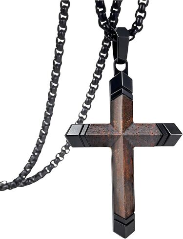 Lightning-Struck Ebony Cross Necklace for Men | Black Wood Stainless Steel Pendant， in Saudi Arabia
