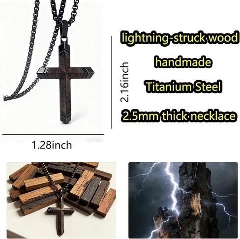 Lightning-Struck Ebony Cross Necklace for Men | Black Wood Stainless Steel Pendant， in Saudi Arabia