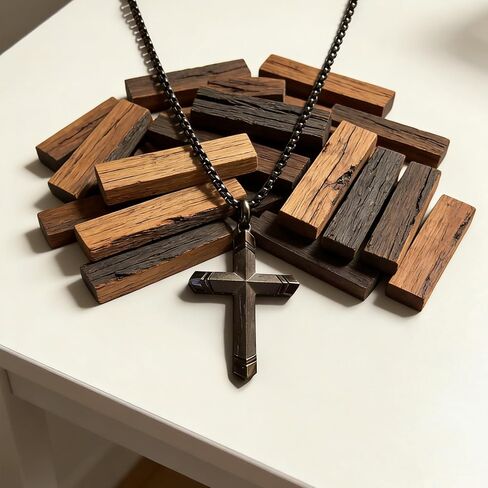 Lightning-Struck Ebony Cross Necklace for Men | Black Wood Stainless Steel Pendant， in Saudi Arabia