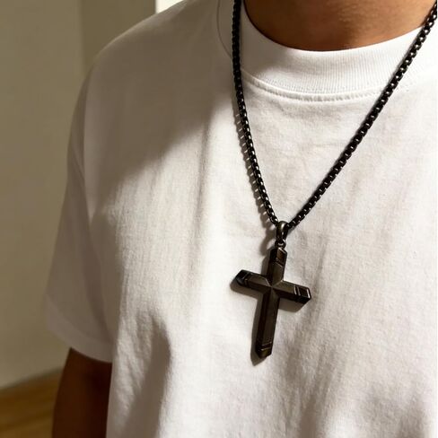 Lightning-Struck Ebony Cross Necklace for Men | Black Wood Stainless Steel Pendant， in Saudi Arabia