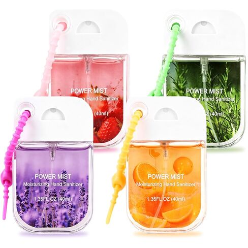 4Pack Hand Sanitizer Spray Keychain, Mini Travel-Size Portable Power Mist Sprayer for Women Teens Kids, Enriched with Mineral Oil & Aloe Vera for Moisturizing (Vanilla, Strawberry, Orange, Lavender) in Saudi Arabia