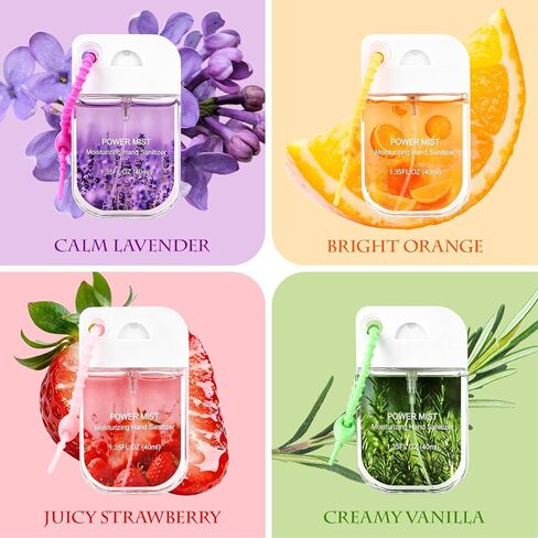 4Pack Hand Sanitizer Spray Keychain, Mini Travel-Size Portable Power Mist Sprayer for Women Teens Kids, Enriched with Mineral Oil & Aloe Vera for Moisturizing (Vanilla, Strawberry, Orange, Lavender) in Saudi Arabia