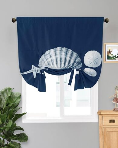 Tie Up Curtains for Windows, Retro Conch Adjustable Balloon Nature Linen Textured Kitchen Curtain, Beach Starfish Coastal Marine Life Navy Blue Blackout Curtains for Living Room, 46 x 63 Inches in Kuwait