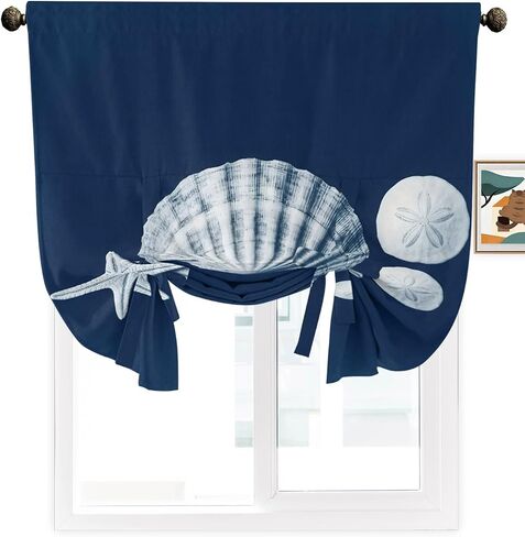Tie Up Curtains for Windows, Retro Conch Adjustable Balloon Nature Linen Textured Kitchen Curtain, Beach Starfish Coastal Marine Life Navy Blue Blackout Curtains for Living Room, 46 x 63 Inches in Kuwait