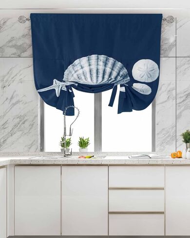 Tie Up Curtains for Windows, Retro Conch Adjustable Balloon Nature Linen Textured Kitchen Curtain, Beach Starfish Coastal Marine Life Navy Blue Blackout Curtains for Living Room, 46 x 63 Inches in Kuwait