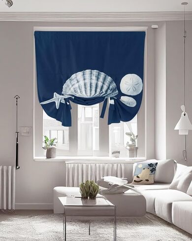 Tie Up Curtains for Windows, Retro Conch Adjustable Balloon Nature Linen Textured Kitchen Curtain, Beach Starfish Coastal Marine Life Navy Blue Blackout Curtains for Living Room, 46 x 63 Inches in Kuwait
