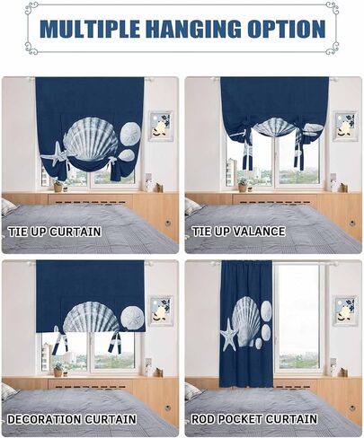 Tie Up Curtains for Windows, Retro Conch Adjustable Balloon Nature Linen Textured Kitchen Curtain, Beach Starfish Coastal Marine Life Navy Blue Blackout Curtains for Living Room, 46 x 63 Inches in Kuwait