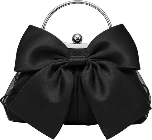 Coquette Bow Clutch Purse for Women, Black Satin Evening Bow Purse Handbag, Elegant Silk Pleated Clutch with Chain Strap, Vintage Bow Formal Bag for Party, Wedding, Prom, Date Night in Saudi Arabia