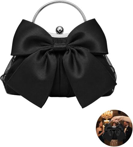 Coquette Bow Clutch Purse for Women, Black Satin Evening Bow Purse Handbag, Elegant Silk Pleated Clutch with Chain Strap, Vintage Bow Formal Bag for Party, Wedding, Prom, Date Night in Saudi Arabia