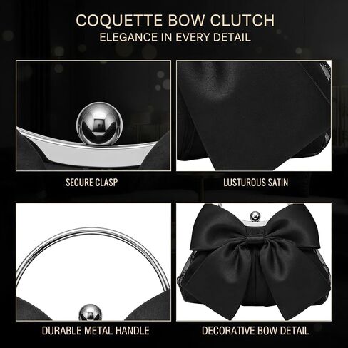 Coquette Bow Clutch Purse for Women, Black Satin Evening Bow Purse Handbag, Elegant Silk Pleated Clutch with Chain Strap, Vintage Bow Formal Bag for Party, Wedding, Prom, Date Night in Saudi Arabia