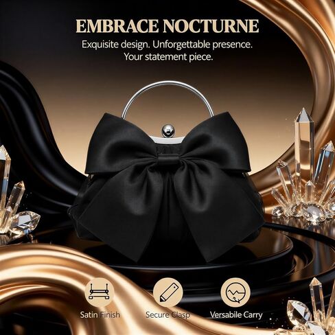 Coquette Bow Clutch Purse for Women, Black Satin Evening Bow Purse Handbag, Elegant Silk Pleated Clutch with Chain Strap, Vintage Bow Formal Bag for Party, Wedding, Prom, Date Night in Saudi Arabia