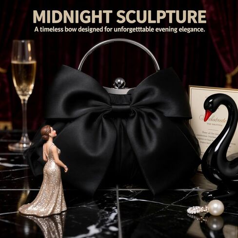 Coquette Bow Clutch Purse for Women, Black Satin Evening Bow Purse Handbag, Elegant Silk Pleated Clutch with Chain Strap, Vintage Bow Formal Bag for Party, Wedding, Prom, Date Night in Saudi Arabia