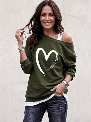 Women's Heart Print Off The Shoulder Sweatshirt Teal Long Sleeve Casual Pullover in Kuwait