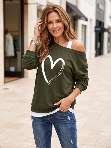 Women's Heart Print Off The Shoulder Sweatshirt Teal Long Sleeve Casual Pullover in Kuwait