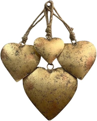Rustic Metal Heart Wall Decor Set of 4, Antique Gold Finish, Vintage Farmhouse Hanging Art, Country Home Decor for Indoor & Outdoor, Valentine's & Christmas Ornaments, Handcrafted by Indian Artisans in Saudi Arabia