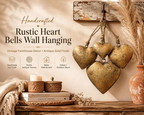 Rustic Metal Heart Wall Decor Set of 4, Antique Gold Finish, Vintage Farmhouse Hanging Art, Country Home Decor for Indoor & Outdoor, Valentine's & Christmas Ornaments, Handcrafted by Indian Artisans in Saudi Arabia