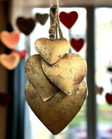 Rustic Metal Heart Wall Decor Set of 4, Antique Gold Finish, Vintage Farmhouse Hanging Art, Country Home Decor for Indoor & Outdoor, Valentine's & Christmas Ornaments, Handcrafted by Indian Artisans in Saudi Arabia