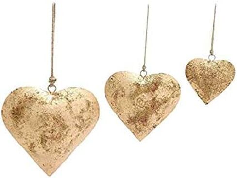 Rustic Metal Heart Wall Decor Set of 4, Antique Gold Finish, Vintage Farmhouse Hanging Art, Country Home Decor for Indoor & Outdoor, Valentine's & Christmas Ornaments, Handcrafted by Indian Artisans in Saudi Arabia
