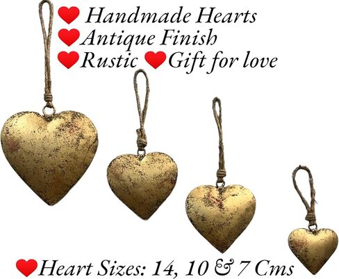 Rustic Metal Heart Wall Decor Set of 4, Antique Gold Finish, Vintage Farmhouse Hanging Art, Country Home Decor for Indoor & Outdoor, Valentine's & Christmas Ornaments, Handcrafted by Indian Artisans in Saudi Arabia