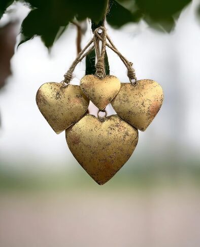 Rustic Metal Heart Wall Decor Set of 4, Antique Gold Finish, Vintage Farmhouse Hanging Art, Country Home Decor for Indoor & Outdoor, Valentine's & Christmas Ornaments, Handcrafted by Indian Artisans in Saudi Arabia