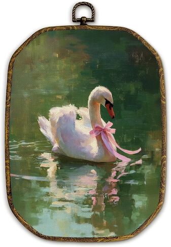 Yjeslw Vintage Swan Octagon Wall Art Decor, Rustic Farmhouse Antique Romantic Swan Framed Canvas Prints, Cottagecore Wall Hanging Decorations for Home Bedroom Living Room Decor, 10.2x7 Inches in Saudi Arabia