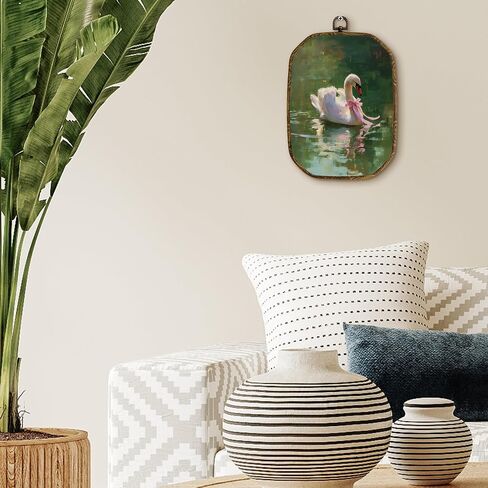 Yjeslw Vintage Swan Octagon Wall Art Decor, Rustic Farmhouse Antique Romantic Swan Framed Canvas Prints, Cottagecore Wall Hanging Decorations for Home Bedroom Living Room Decor, 10.2x7 Inches in Saudi Arabia