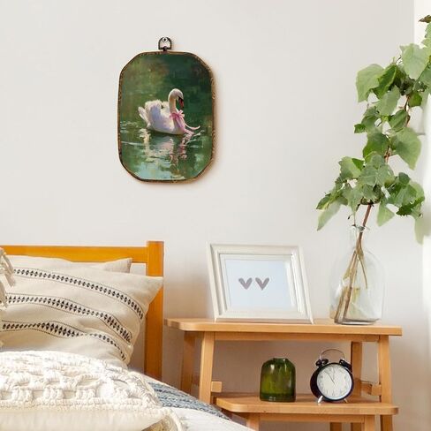 Yjeslw Vintage Swan Octagon Wall Art Decor, Rustic Farmhouse Antique Romantic Swan Framed Canvas Prints, Cottagecore Wall Hanging Decorations for Home Bedroom Living Room Decor, 10.2x7 Inches in Saudi Arabia